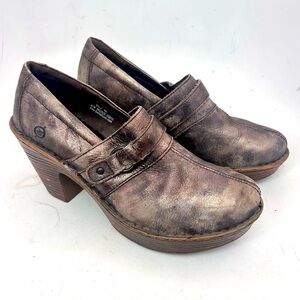 Born Burnished Bronze Leather Platform Heeled Clog Shoes Size 8.5 Fairy Grunge